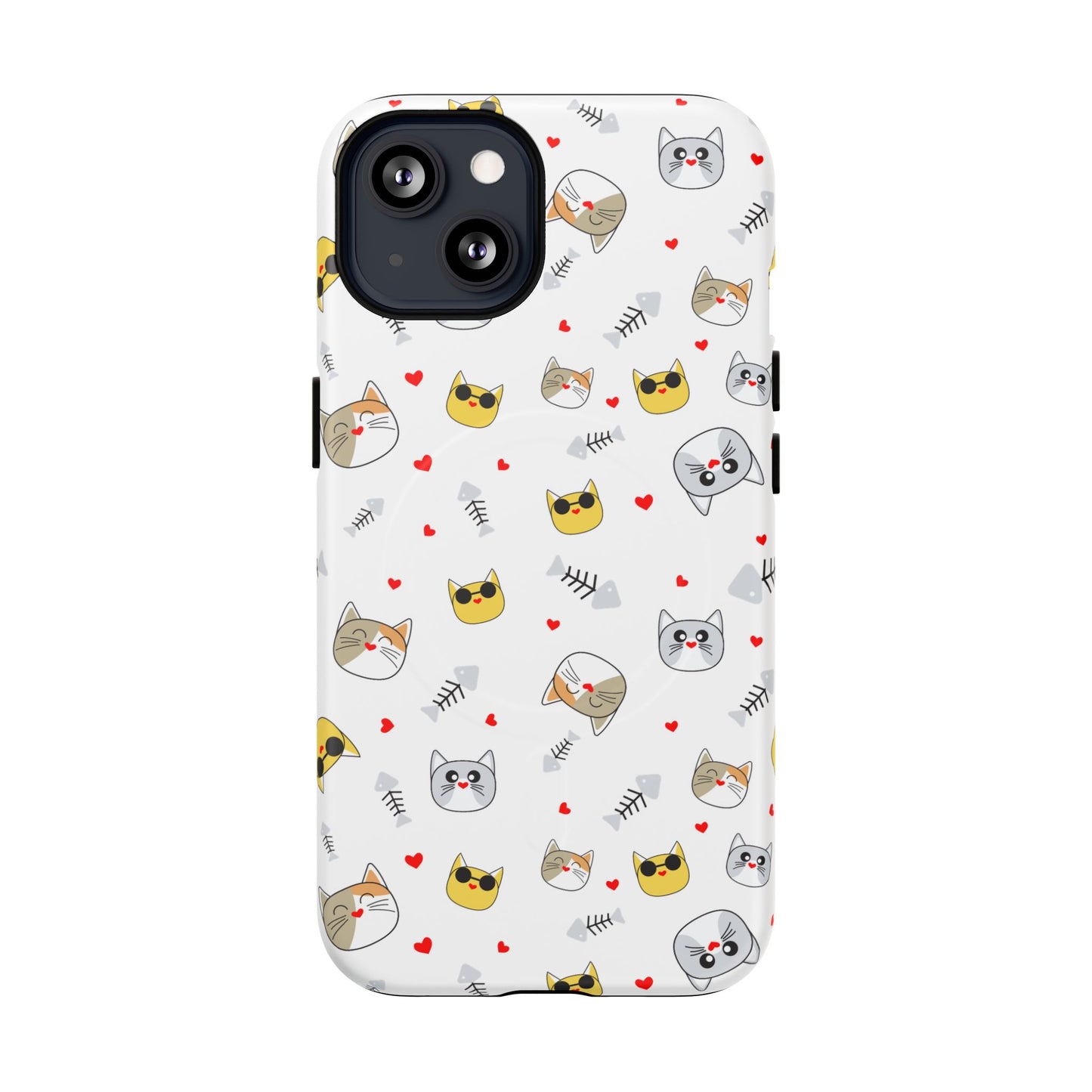Cute Cat Pattern Tough Magnetic Phone Case — Protective iPhone Cover with Kittens & Hearts