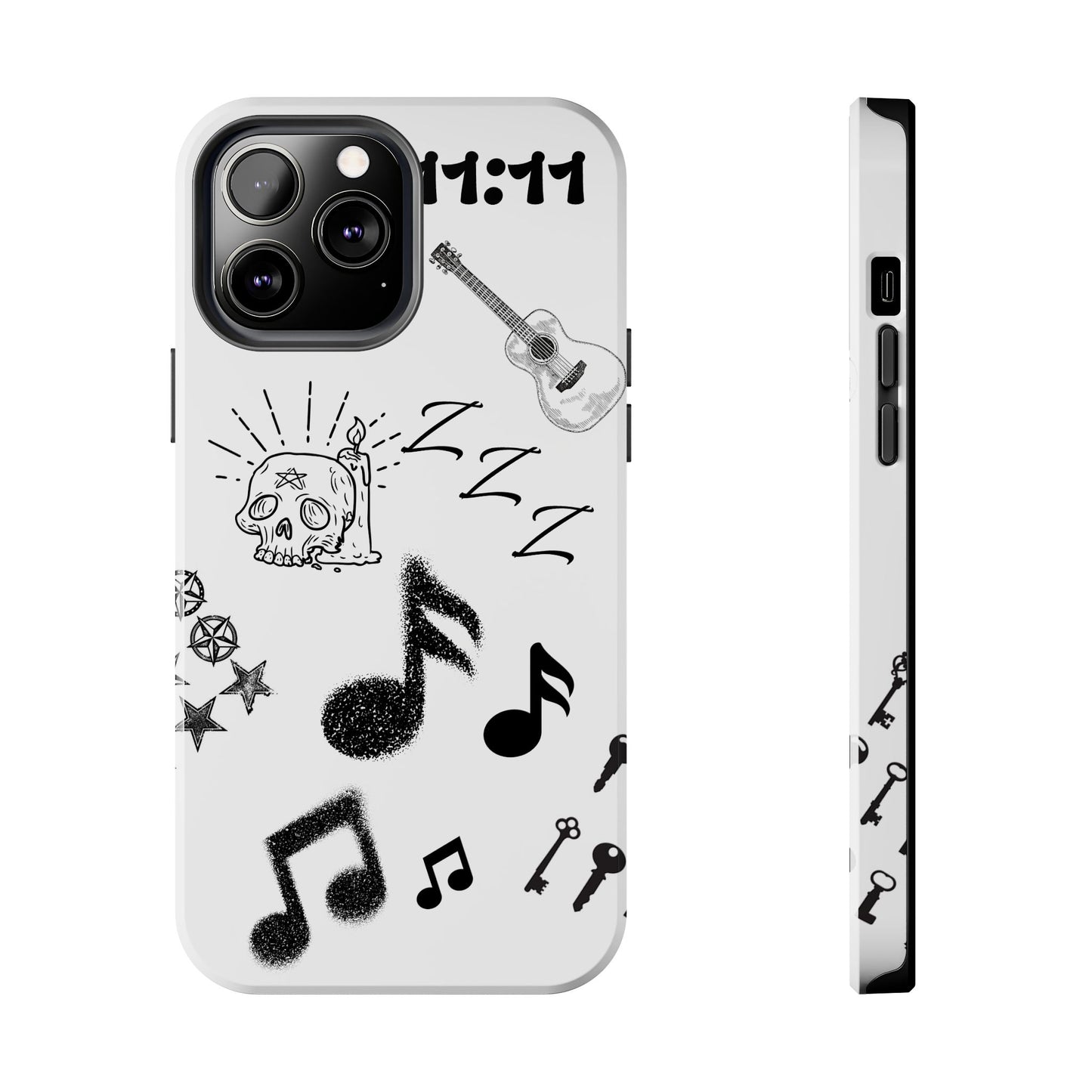 Tough Phone Case — Monochrome Music & Tattoo Doodle Design, 11:11. (No Magsafe)