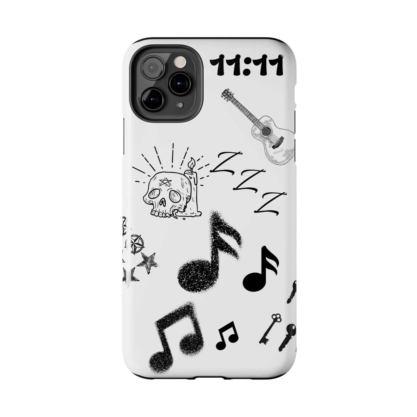 Tough Phone Case — Monochrome Music & Tattoo Doodle Design, 11:11. (No Magsafe)