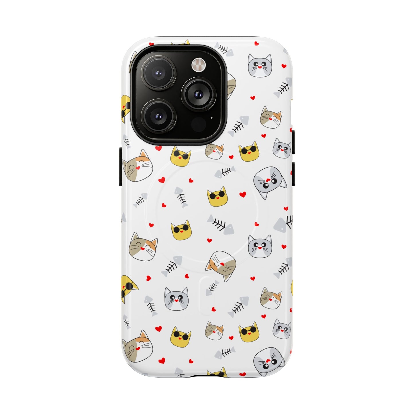 Cute Cat Pattern Tough Magnetic Phone Case — Protective iPhone Cover with Kittens & Hearts