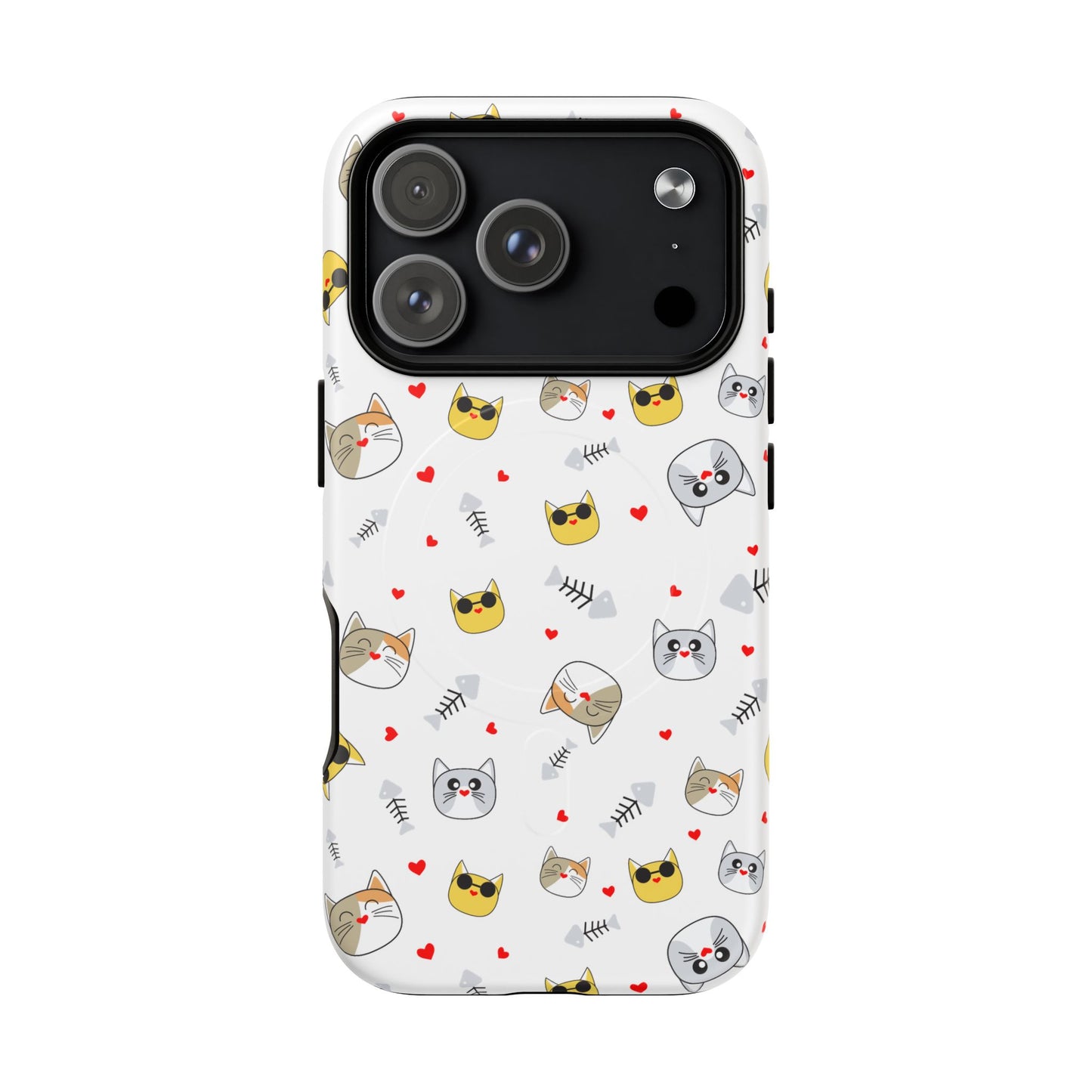 Cute Cat Pattern Tough Magnetic Phone Case — Protective iPhone Cover with Kittens & Hearts