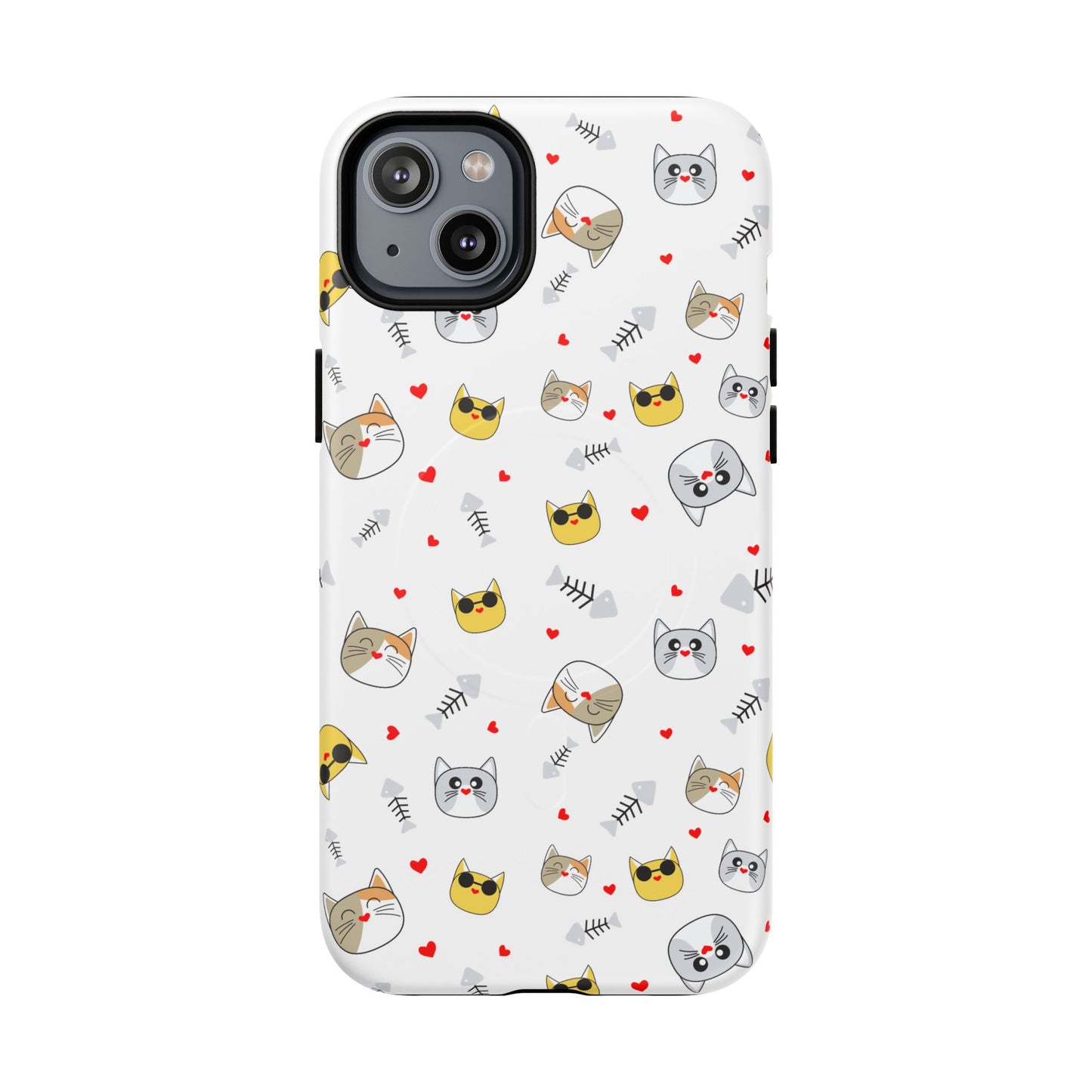 Cute Cat Pattern Tough Magnetic Phone Case — Protective iPhone Cover with Kittens & Hearts