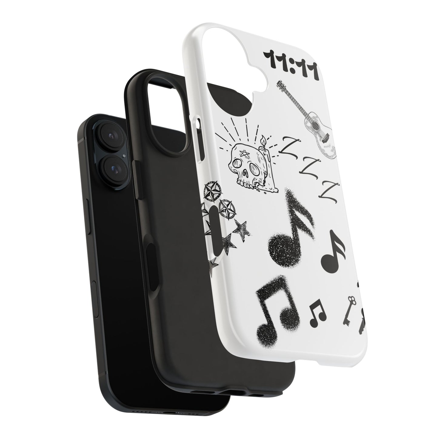 Tough Phone Case — Monochrome Music & Tattoo Doodle Design, 11:11. (No Magsafe)