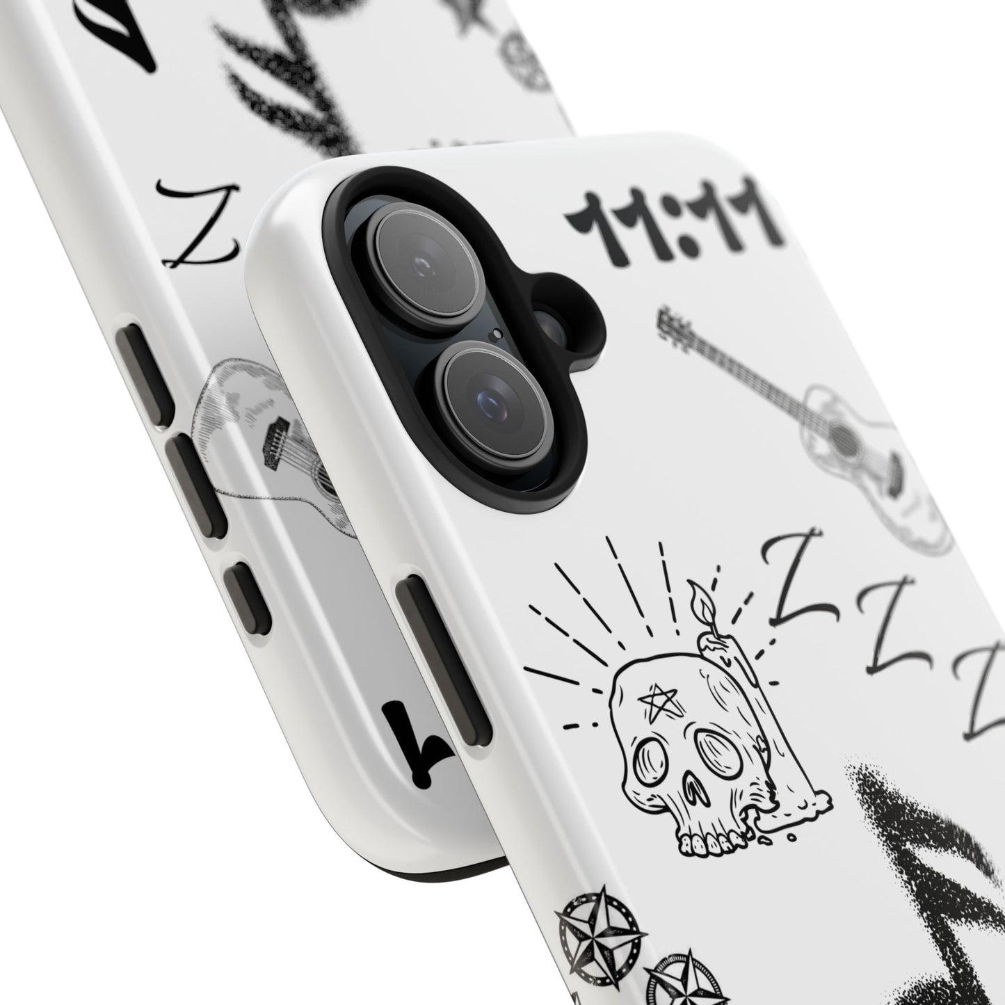 Tough Phone Case — Monochrome Music & Tattoo Doodle Design, 11:11. (No Magsafe)