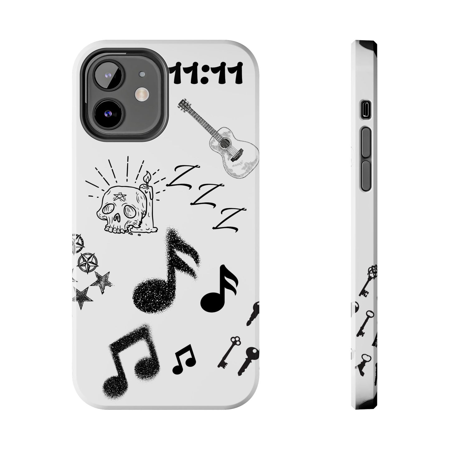 Tough Phone Case — Monochrome Music & Tattoo Doodle Design, 11:11. (No Magsafe)
