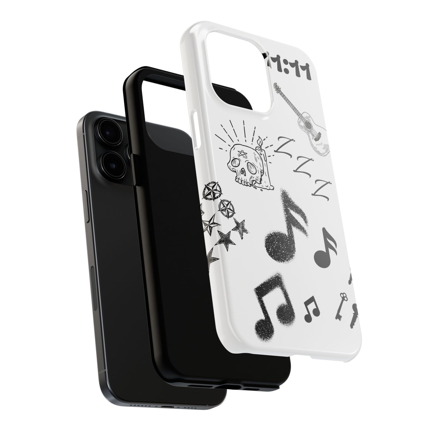 Tough Phone Case — Monochrome Music & Tattoo Doodle Design, 11:11. (No Magsafe)