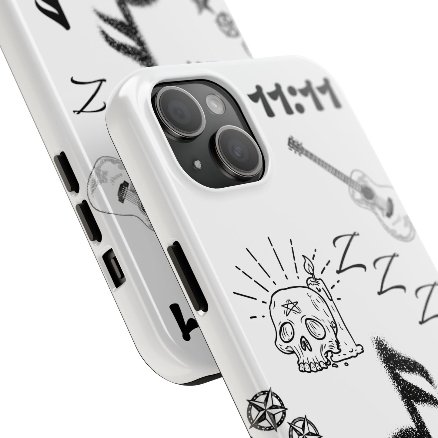Tough Phone Case — Monochrome Music & Tattoo Doodle Design, 11:11. (No Magsafe)