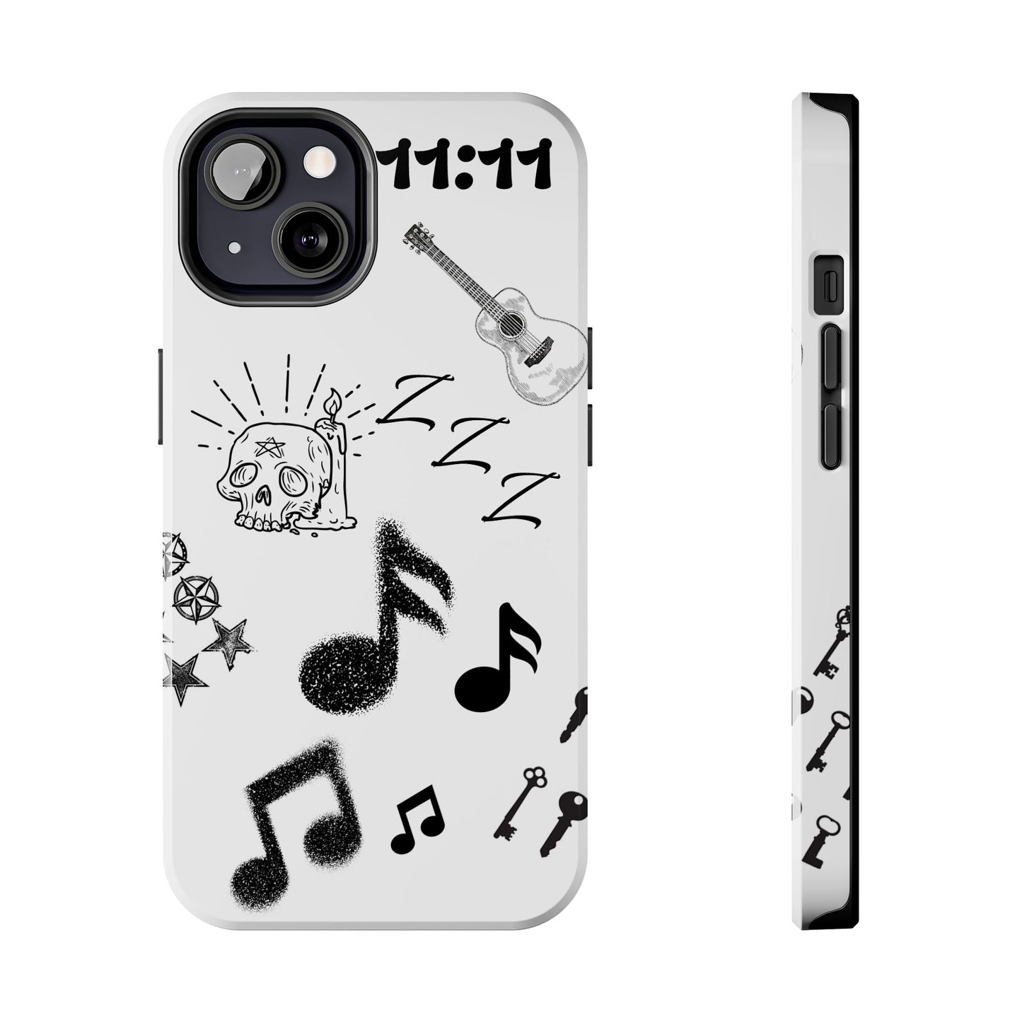 Tough Phone Case — Monochrome Music & Tattoo Doodle Design, 11:11. (No Magsafe)