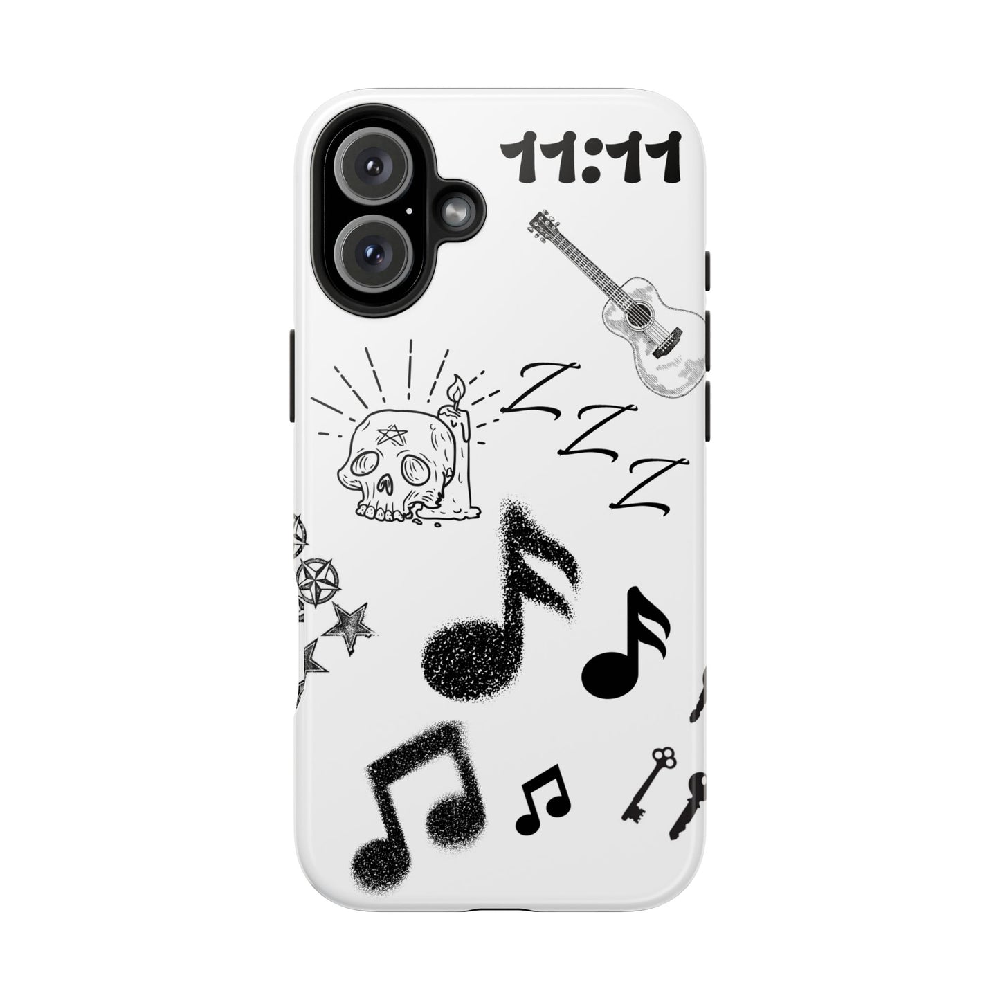Tough Phone Case — Monochrome Music & Tattoo Doodle Design, 11:11. (No Magsafe)