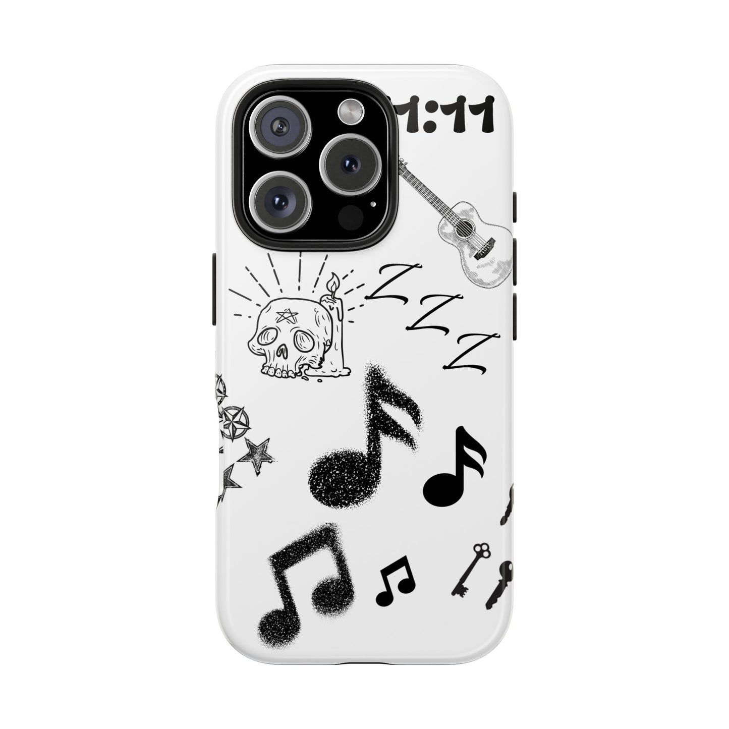 Tough Phone Case — Monochrome Music & Tattoo Doodle Design, 11:11. (No Magsafe)