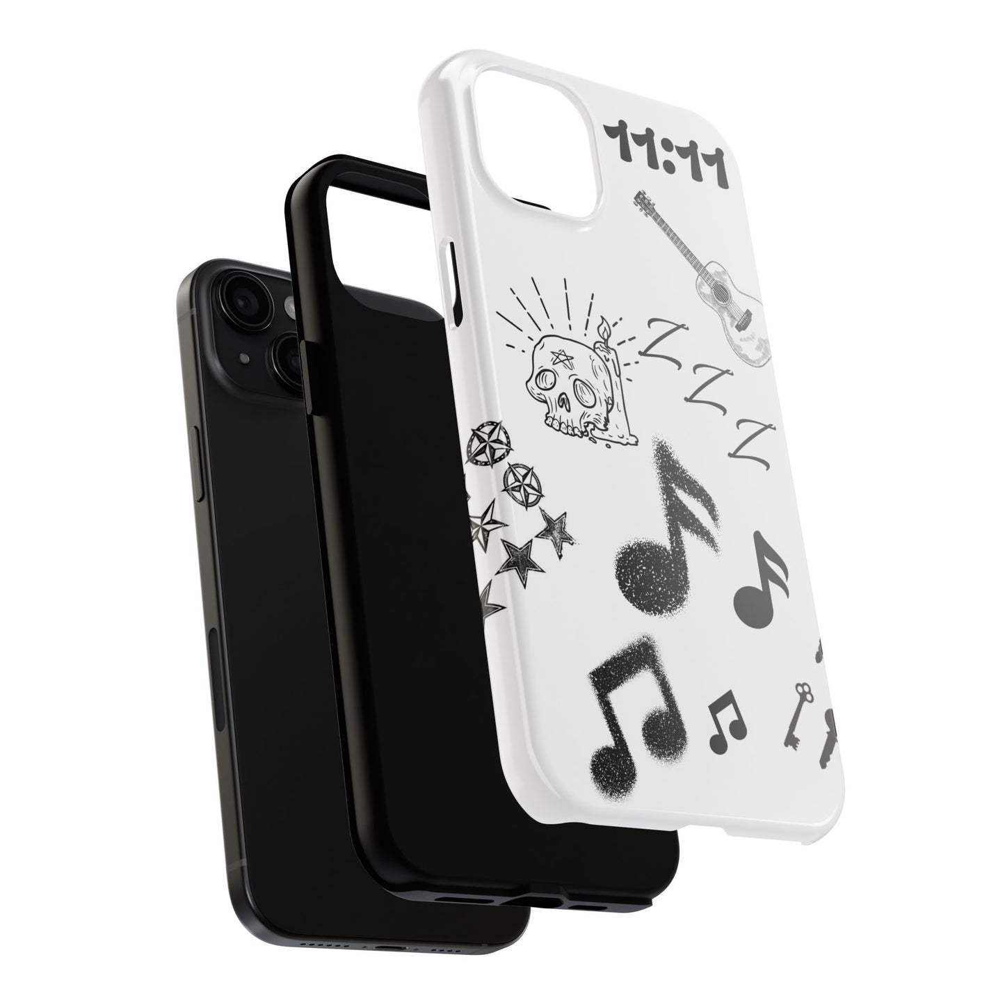 Tough Phone Case — Monochrome Music & Tattoo Doodle Design, 11:11. (No Magsafe)