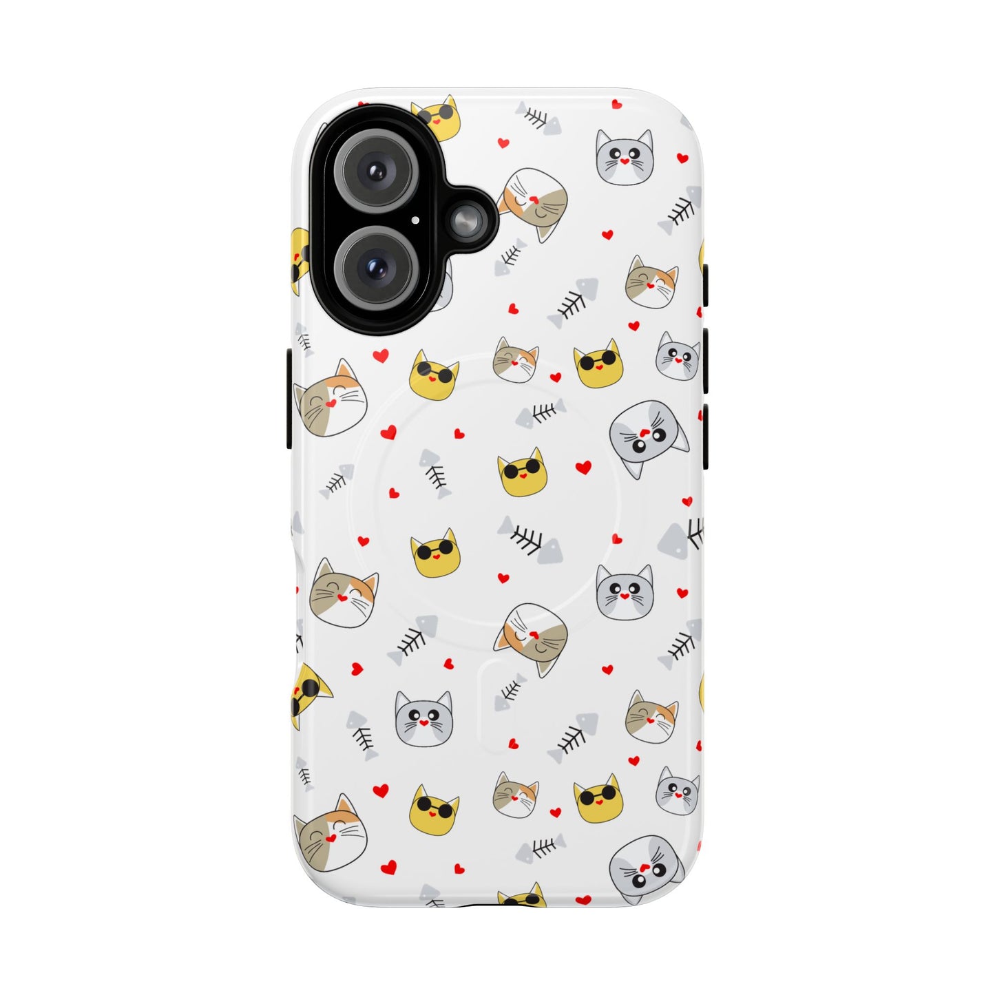 Cute Cat Pattern Tough Magnetic Phone Case — Protective iPhone Cover with Kittens & Hearts