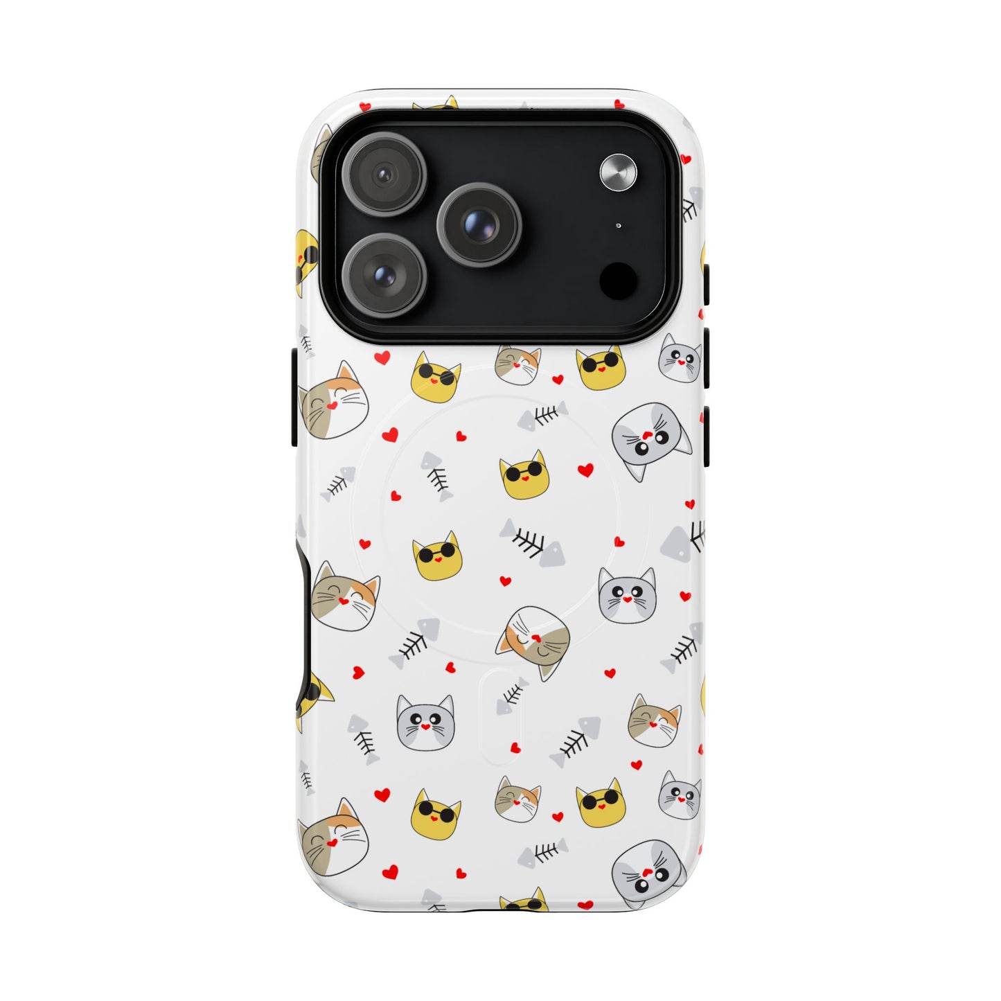 Cute Cat Pattern Tough Magnetic Phone Case — Protective iPhone Cover with Kittens & Hearts