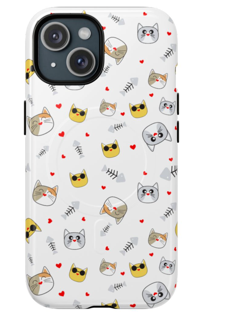 Cute Cat Pattern Tough Magnetic Phone Case — Protective iPhone Cover with Kittens & Hearts